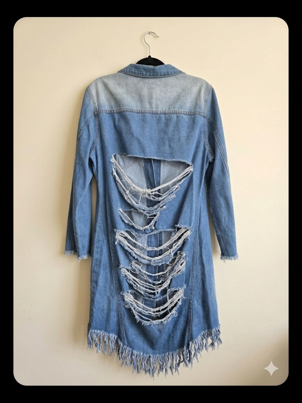 SHEIN Light Blue Distressed Long Sleeve Denim Shirt Dress.(Denim Trench Dress).